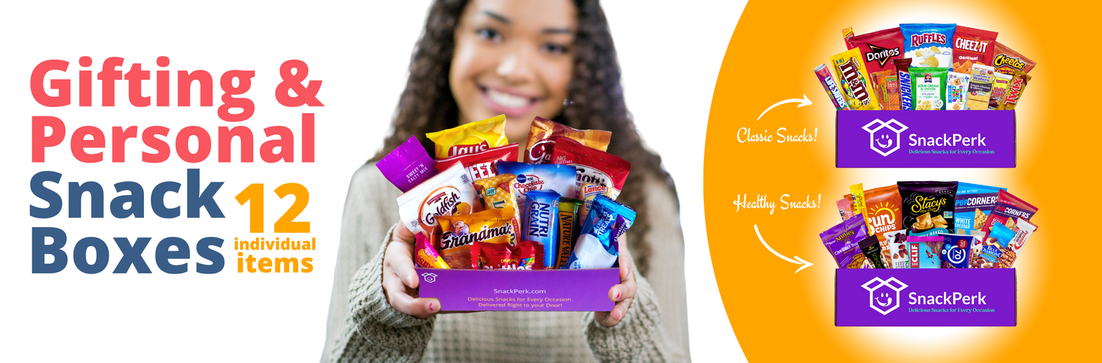 Gifting and Personal Snack Boxes Filled With 12 Delicious Snack Items. Healthy and Popular Options Available